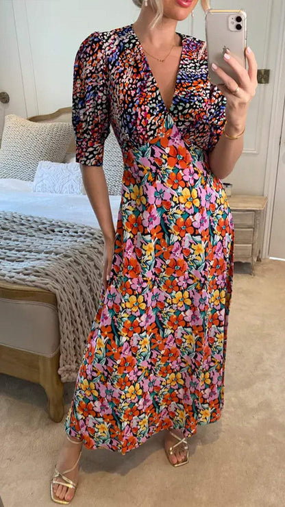 Women V-neck Printed Mid-sleeve Dress