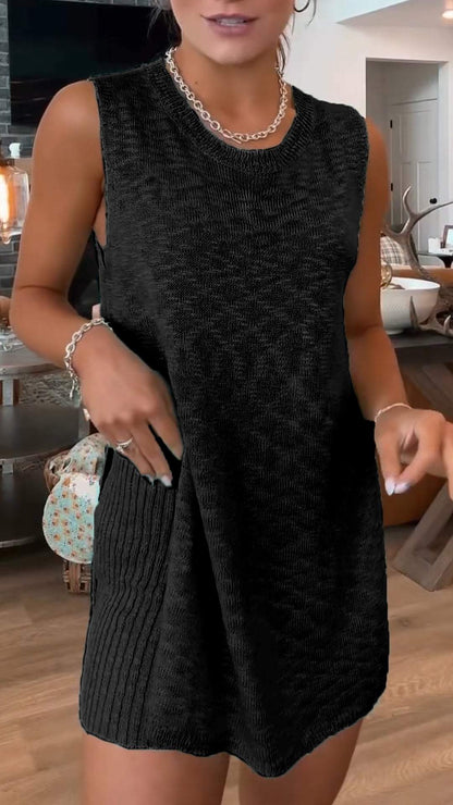 Round Neck Knitted Sleeveless Versatile Casual Suit black