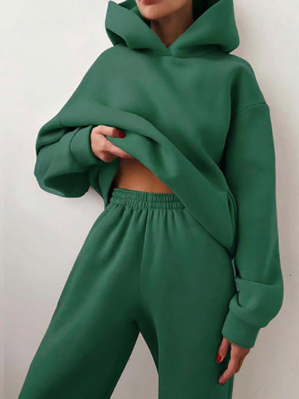 Casual fashion thickened long-sleeved sweatshirt and trousers two-piece set for women Dark Green