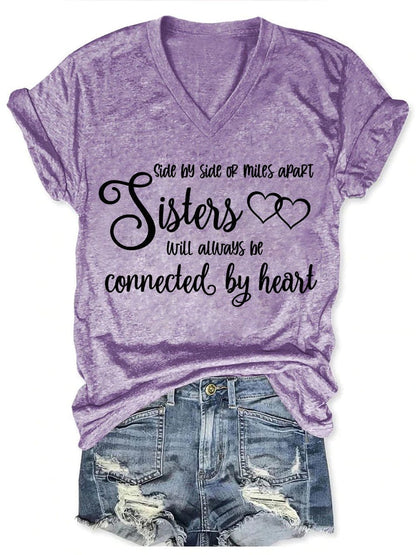 Sisters Side By Side or Miles Apart Sisters Will Always be Connected By Heart Casual Short Sleeve T-Shirt Purple