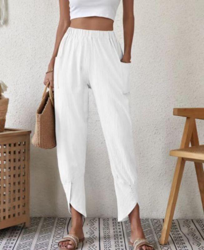 Solid color casual leg pants loose pocket cotton and linen leg pants White