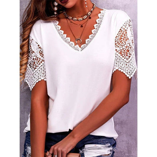 Women's lace stitching loose V-neck T-shirt White