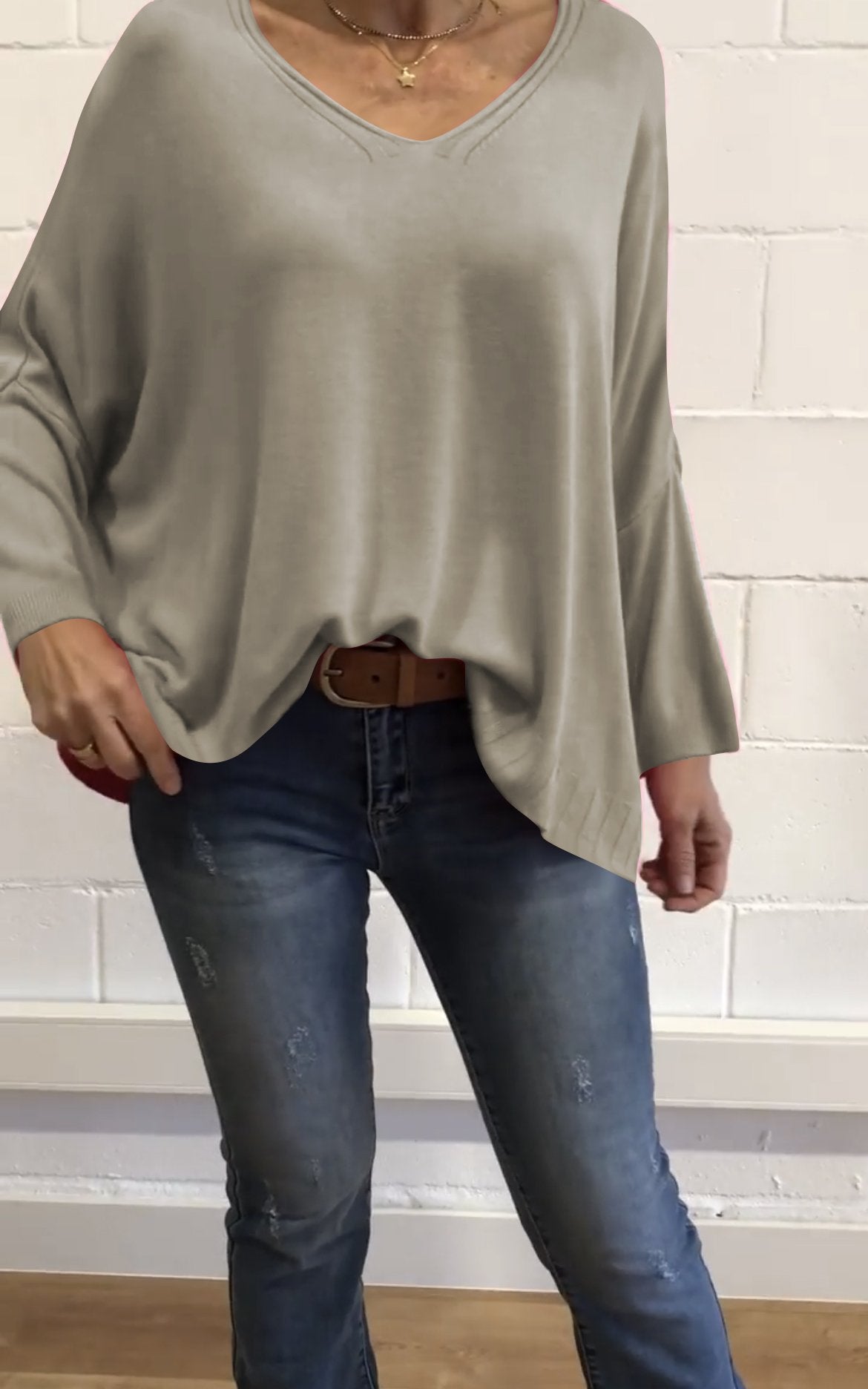 Women's Casual Solid Color Batwing Sleeve Knit Tops Beige