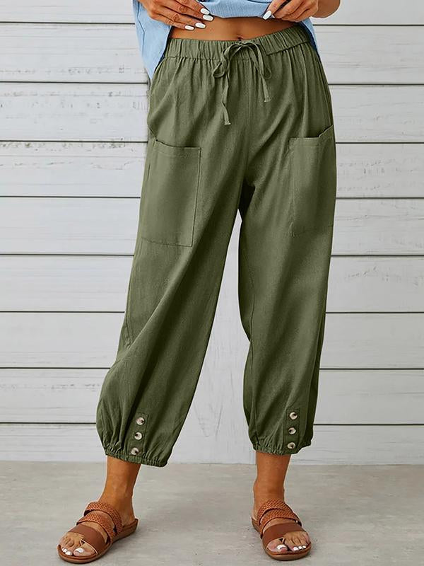 Women's pants High-waisted buttoned cotton hemp pants nine-point pants wide-legged Army green