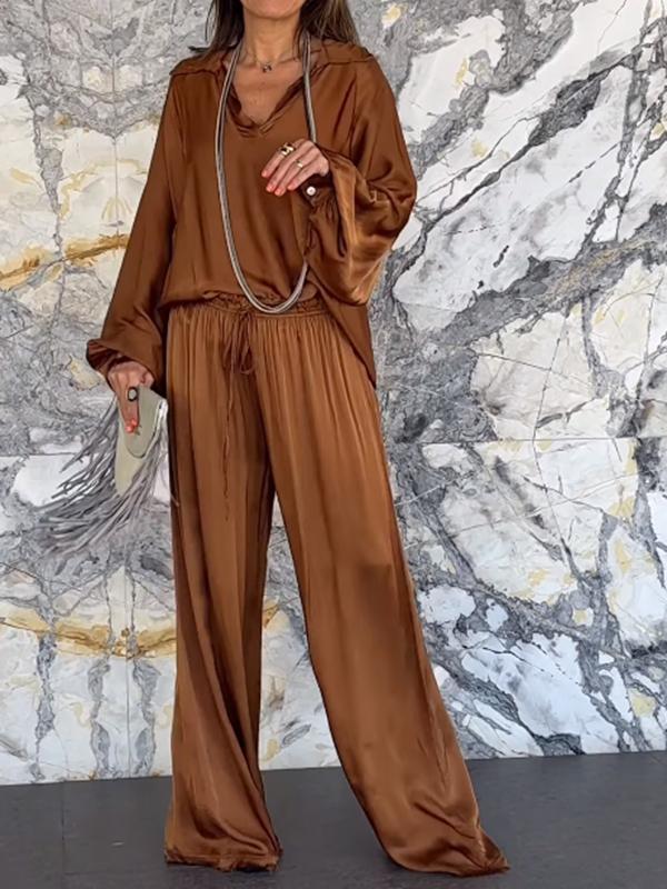 Satin V-neck trouser suit Brown