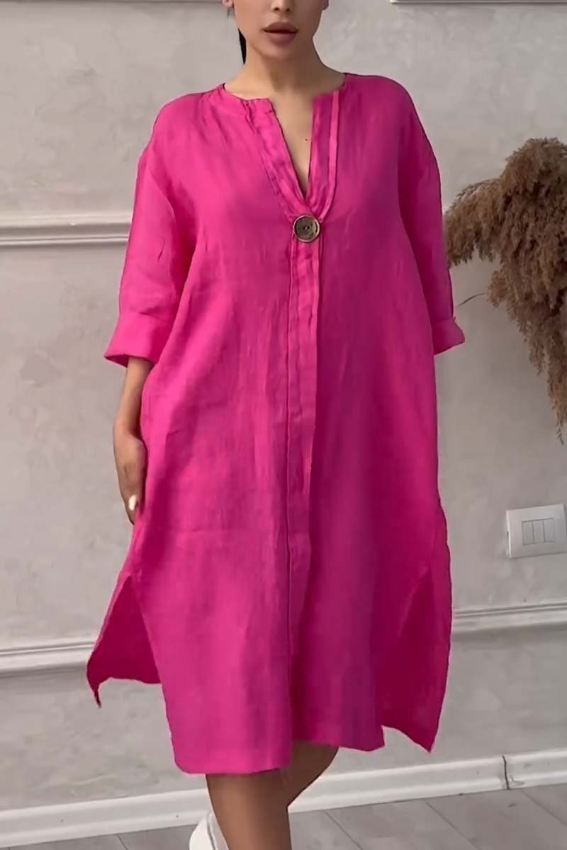 Casual buttoned cotton and linen dress Pink