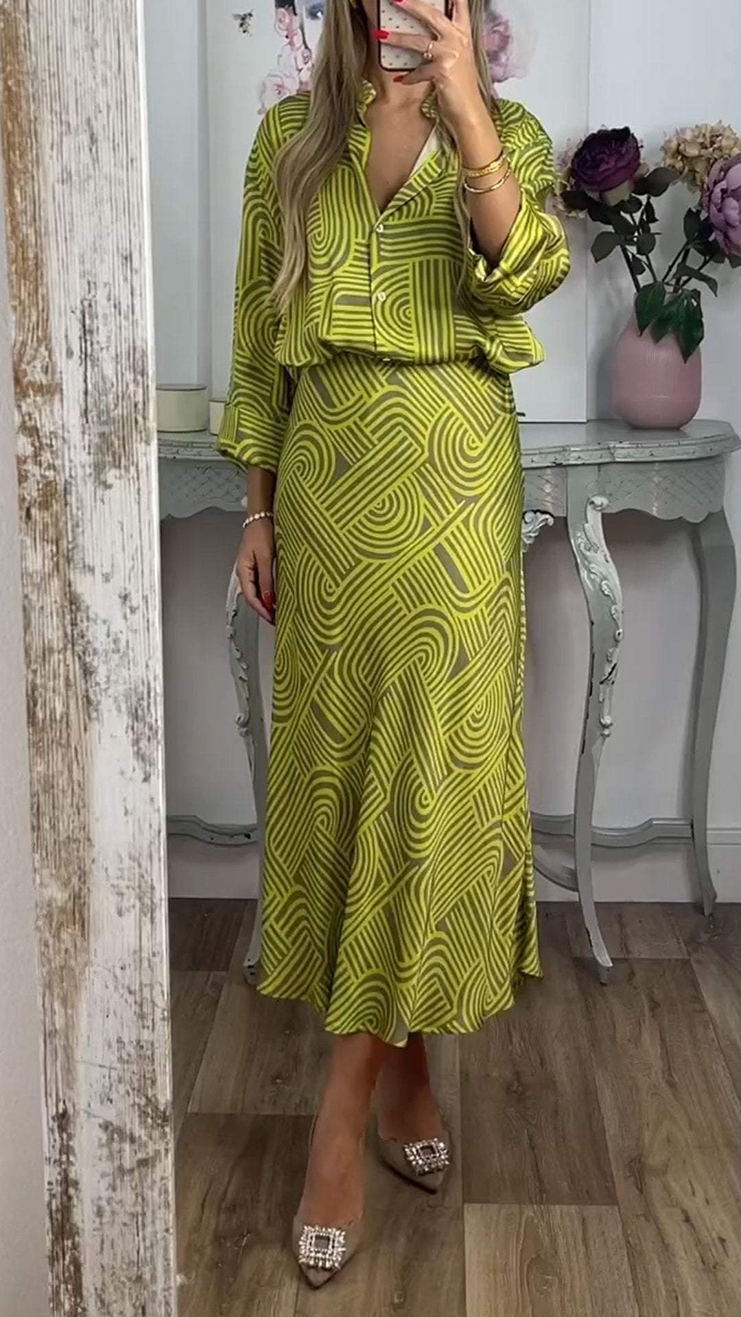 V-neck Printed Elegant Two-piece Skirt green