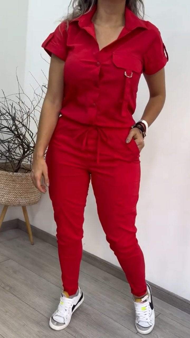 Women's Lapel Short-sleeved Casual Two-piece Set