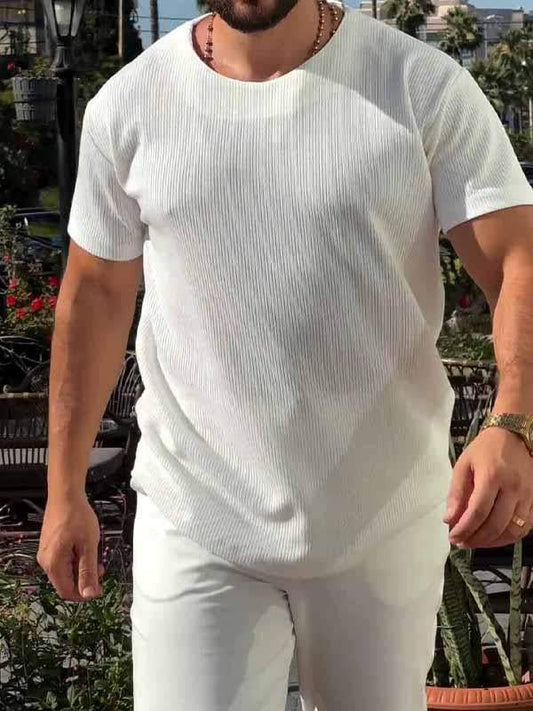 Men's Round Neck Solid Color Ribbed Short Sleeve Top