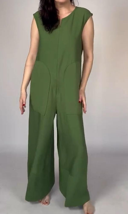 Women's Round Neck Solid Color Jumpsuit