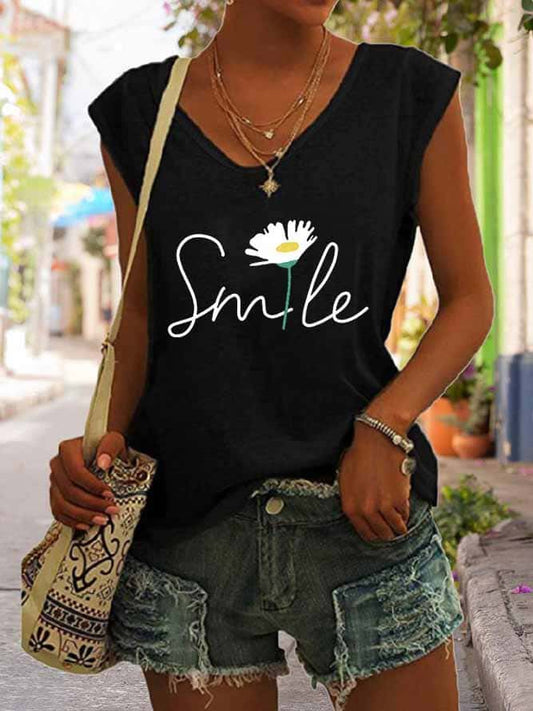 Women's Smile Flower Print Tank Top Black