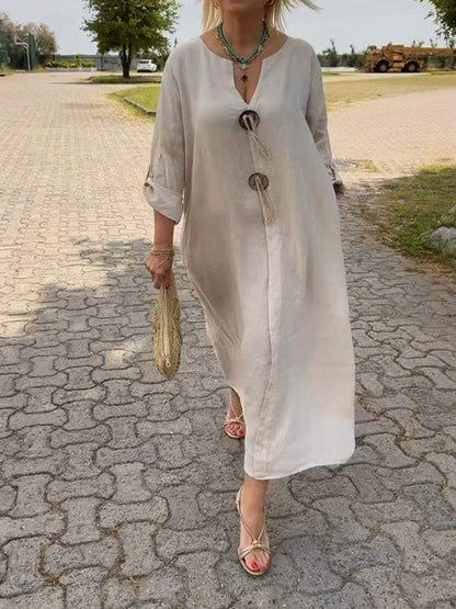 Casual V-neck Cotton and Linen Dress off-white