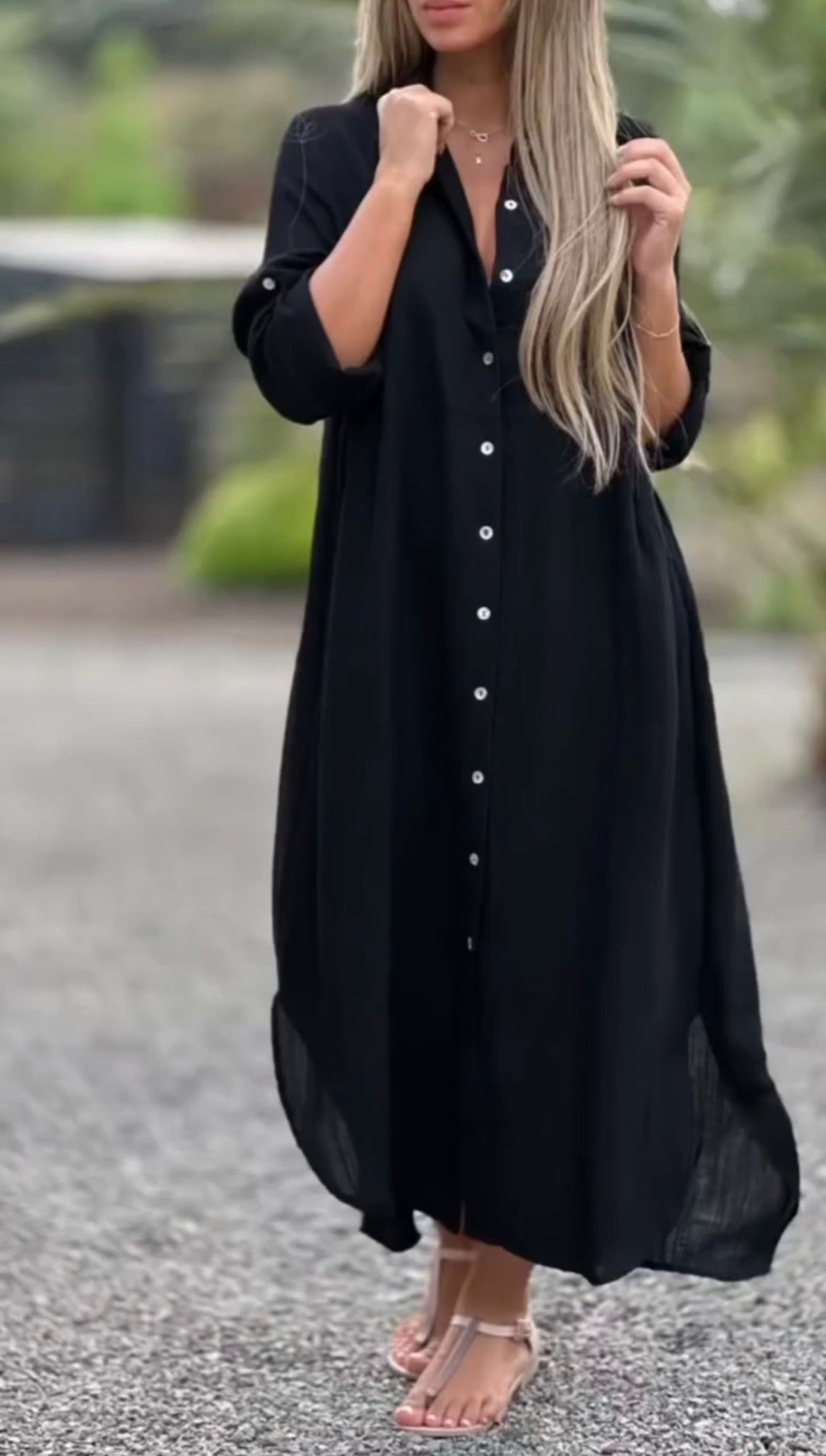 Women's Casual Solid Color Button Front Linen Shirt Dress Black