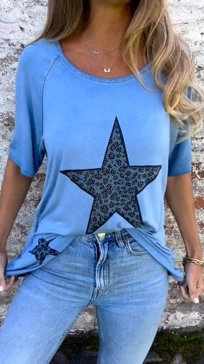 Casual Round Neck Five-pointed Star Print Top blue