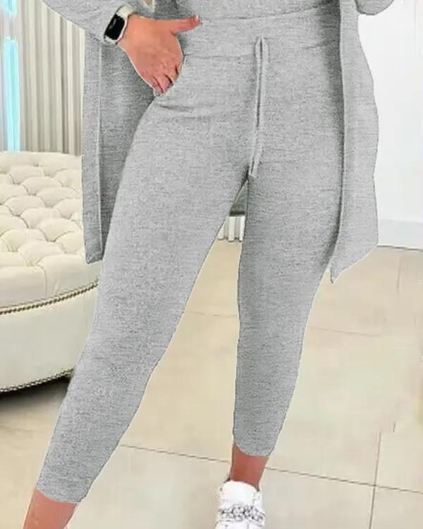 Women's Round Neck Tank Top & Drawstring Pants Set With Coat