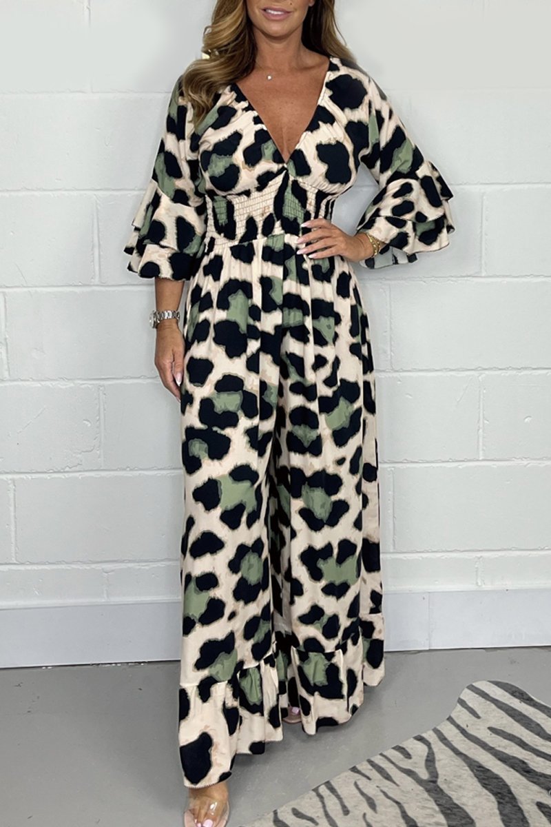 Leopard print V-neck jumpsuit Green