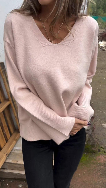 Women's V-neck Long-sleeved Knitted Top pink