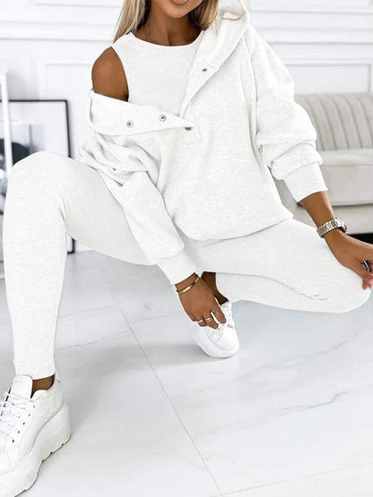 (S-5XL) Plus Size Hooded Casual and Comfortable Sweatshirt Three-piece Suit white Sweater + Vest + Pants