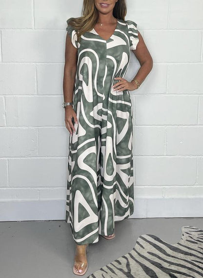 Women's Casual Color Block Wide Leg Jumpsuit Green