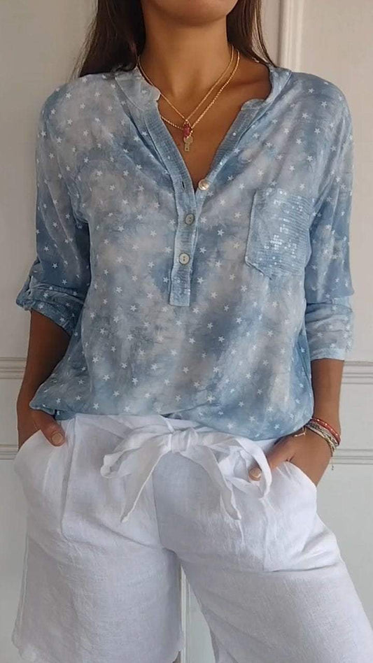 Lapel Long-sleeved Star Print Top Blue