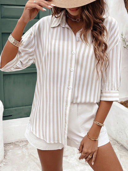 Lapel Mid-sleeve Striped Shirt apricot