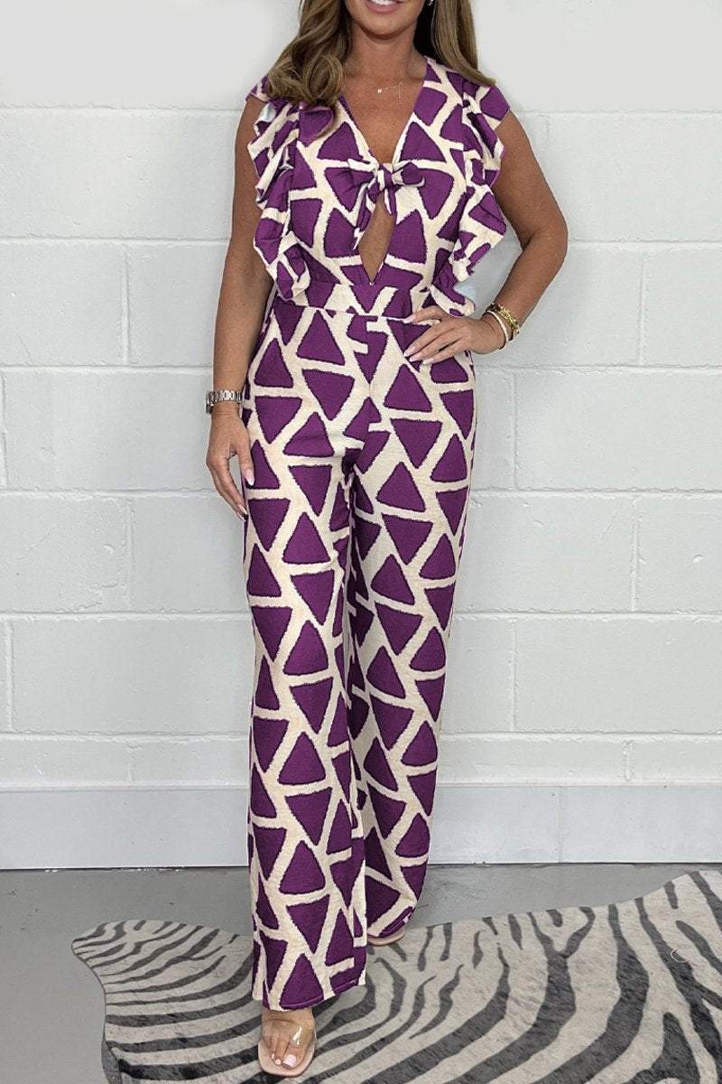 Print Ruffle Sleeveless Knot Middle Jumpsuit Purple