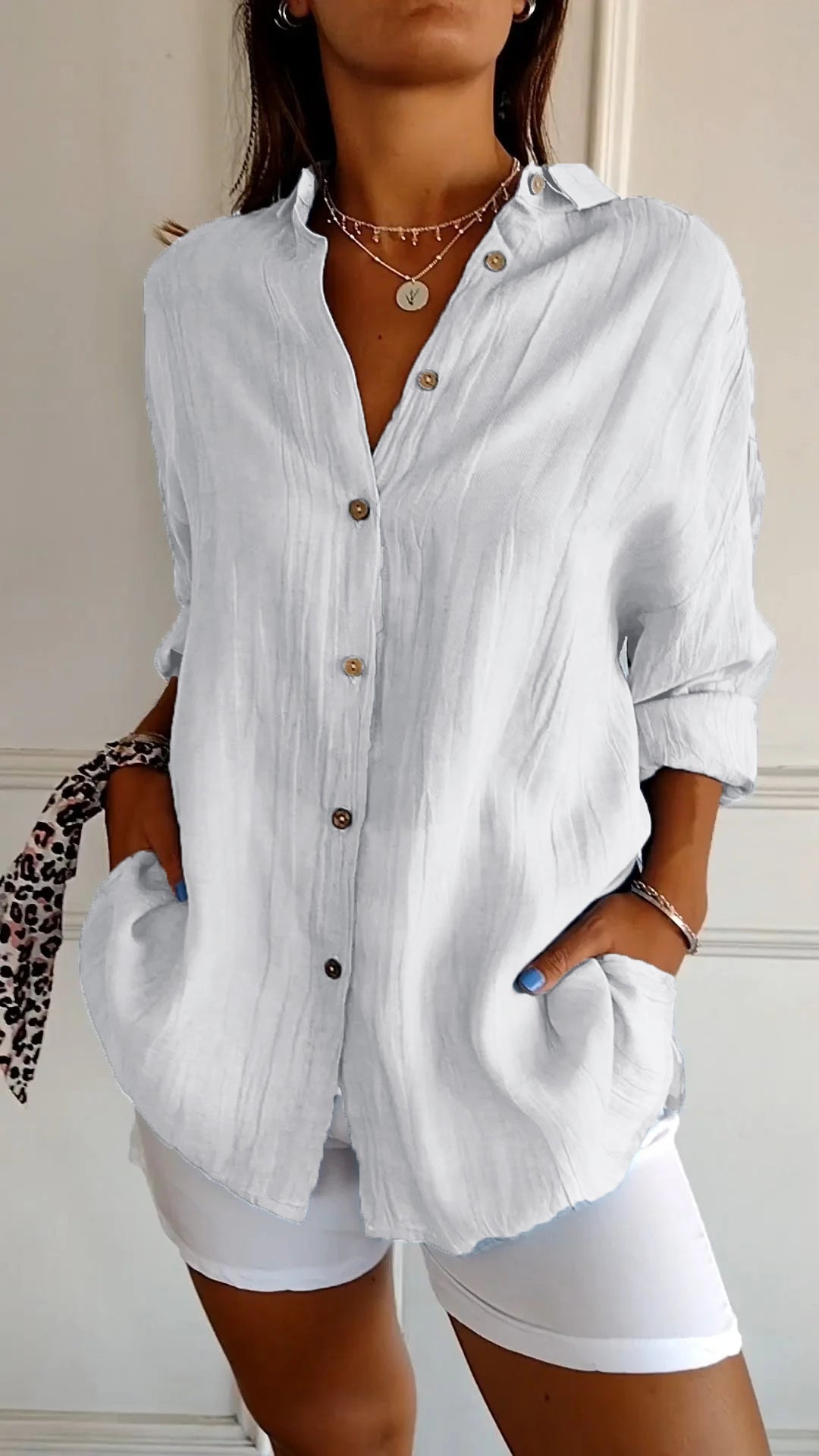 Single-breasted Pleated Lapel Shirt white