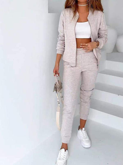 Casual Crew Neck Zipper Sport Two-piece Suit