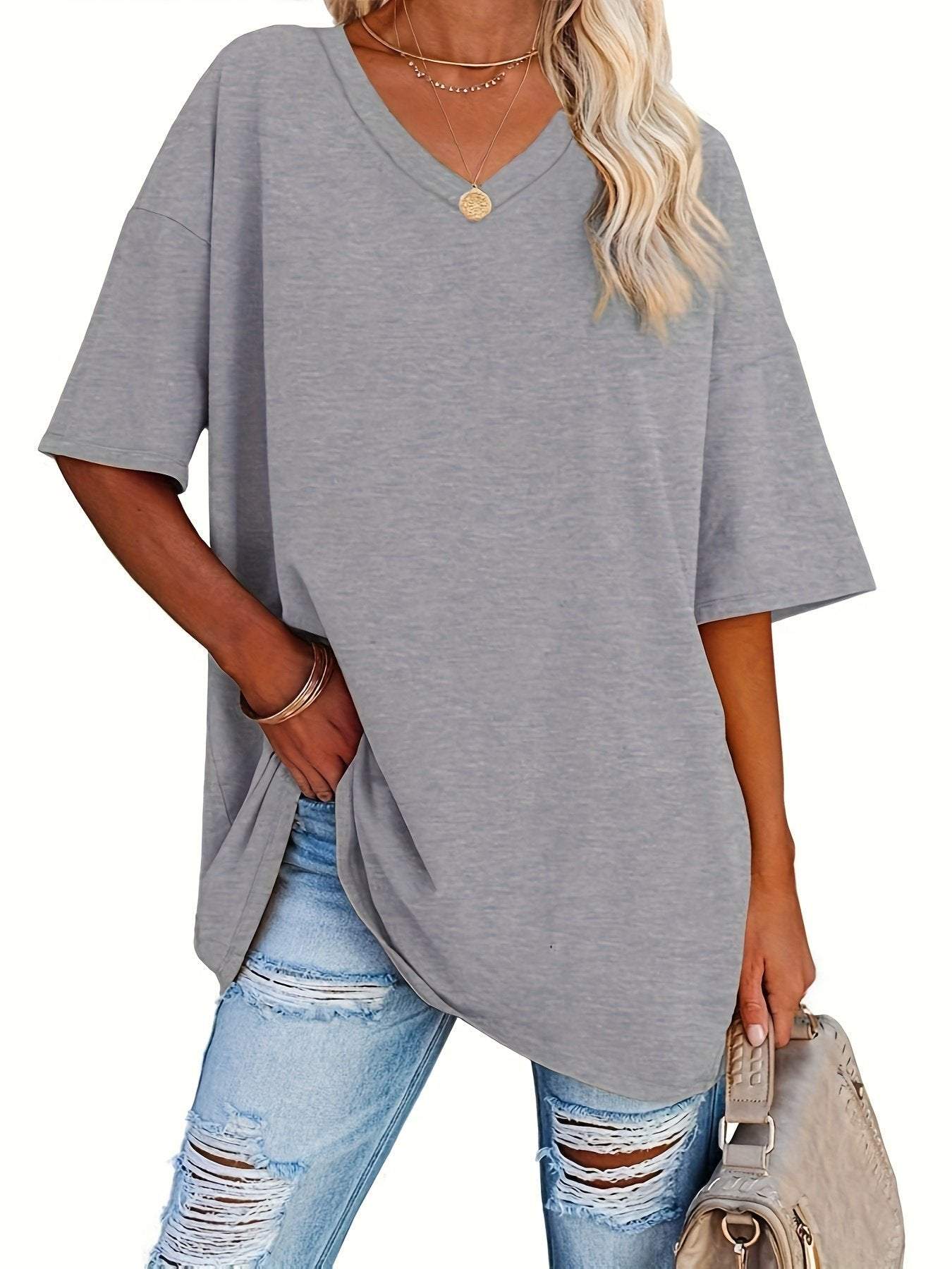 Solid V Neck T shirt Plus Size Casual Half Gray