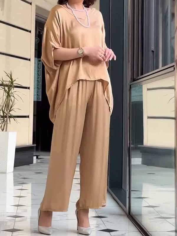 Women's Round Neck Solid Color Satin Suit