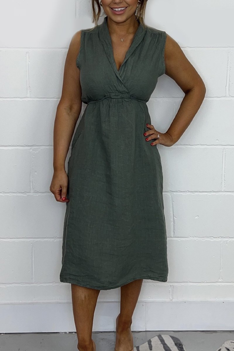 Tie Back Linen Dress Green