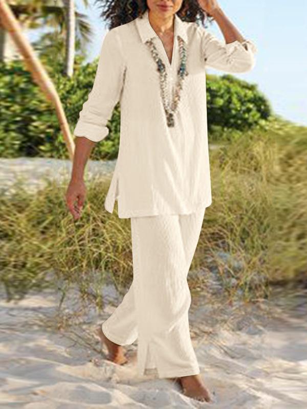 Plus-size Women's Solid Color Cotton Hemp Casual Long-sleeved Loose Suit Khaki