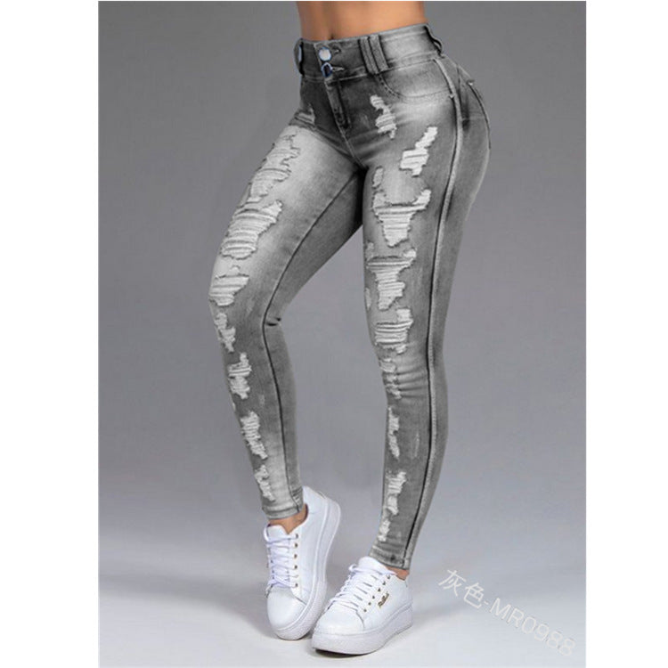 Extreme Distressed Mid Waist Skinny Jeans Gray