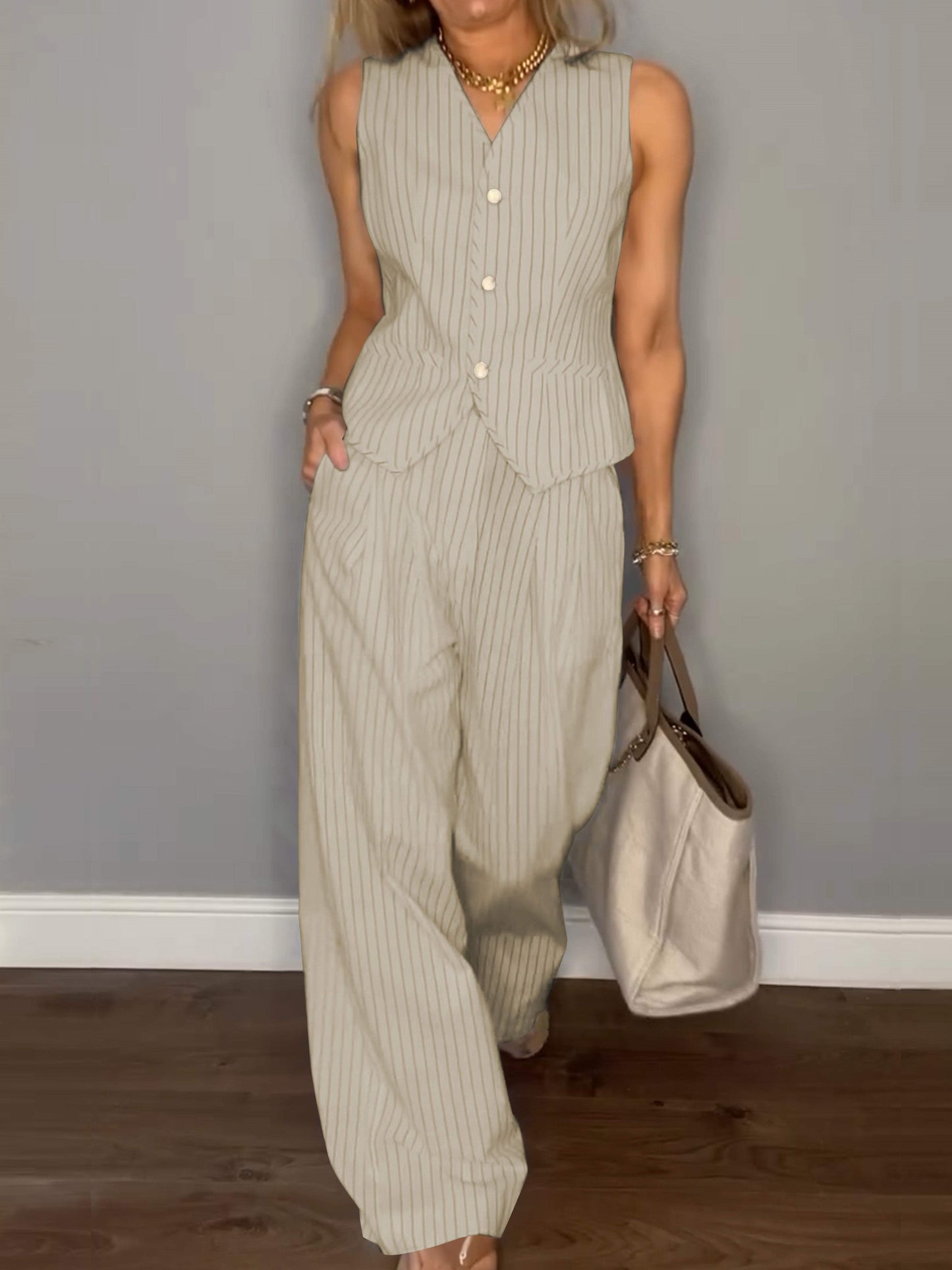 Casual V-neck Striped Two-piece Suit Beige