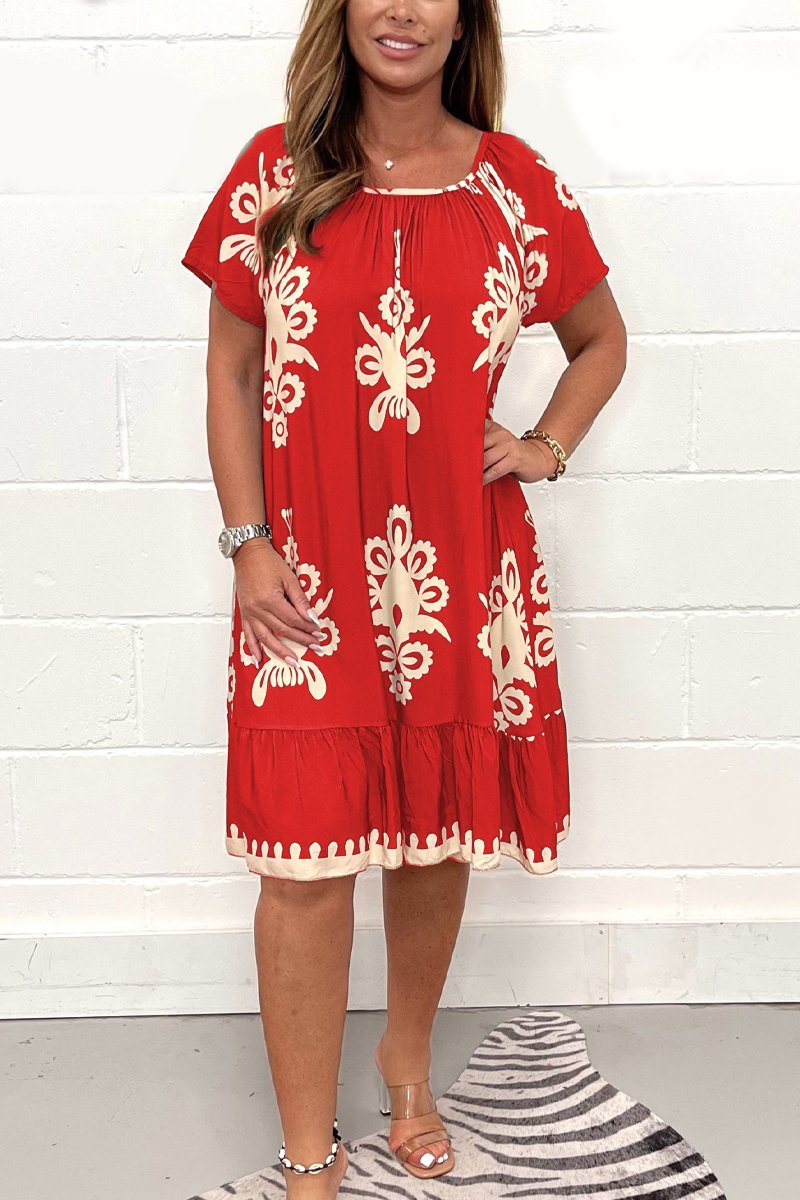 Printed short sleeve dress Red