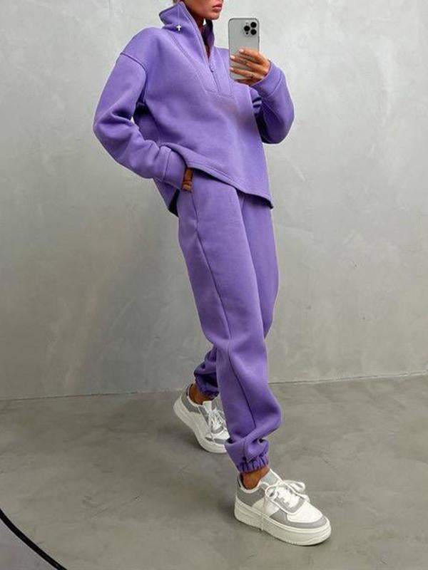 Women's long-sleeved stand-up collar zipper sportswear casual two-piece set Purple