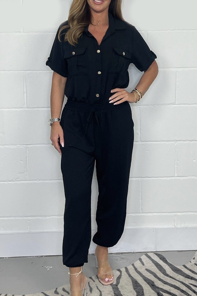 Gold Button Tie Jumpsuit Black