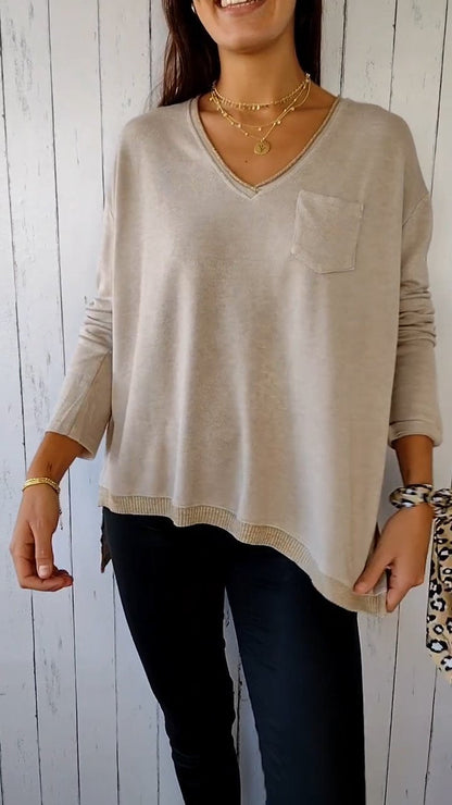 Knitted V-neck Long-sleeved Casual Top