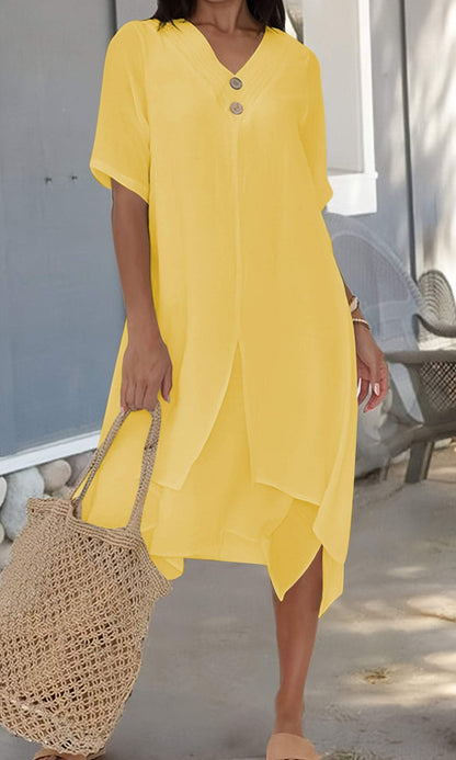 Women's Comfortable Linen V-Neck Dress Yellow