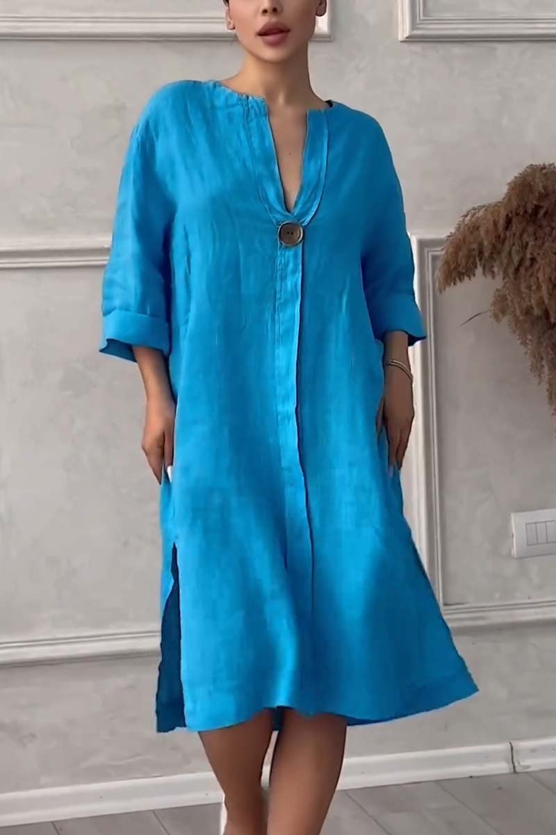 Casual buttoned cotton and linen dress Blue