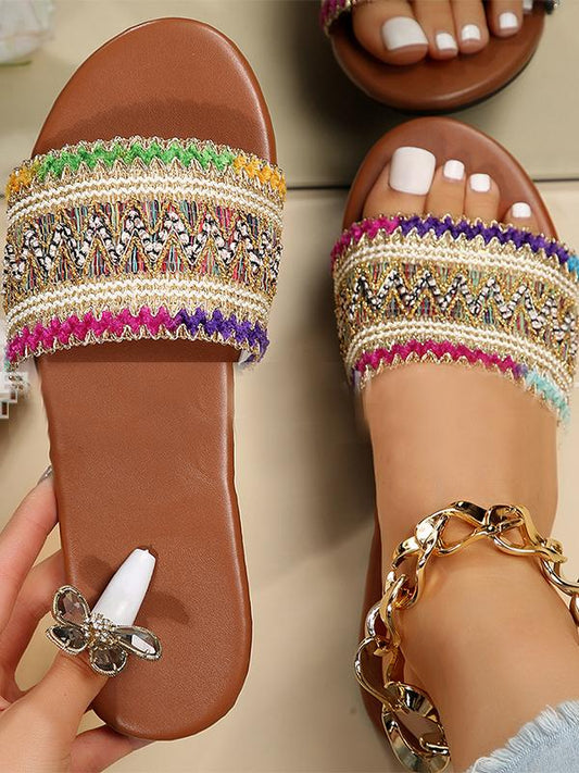 Ethnic style embroidered flat sandals Rainbow