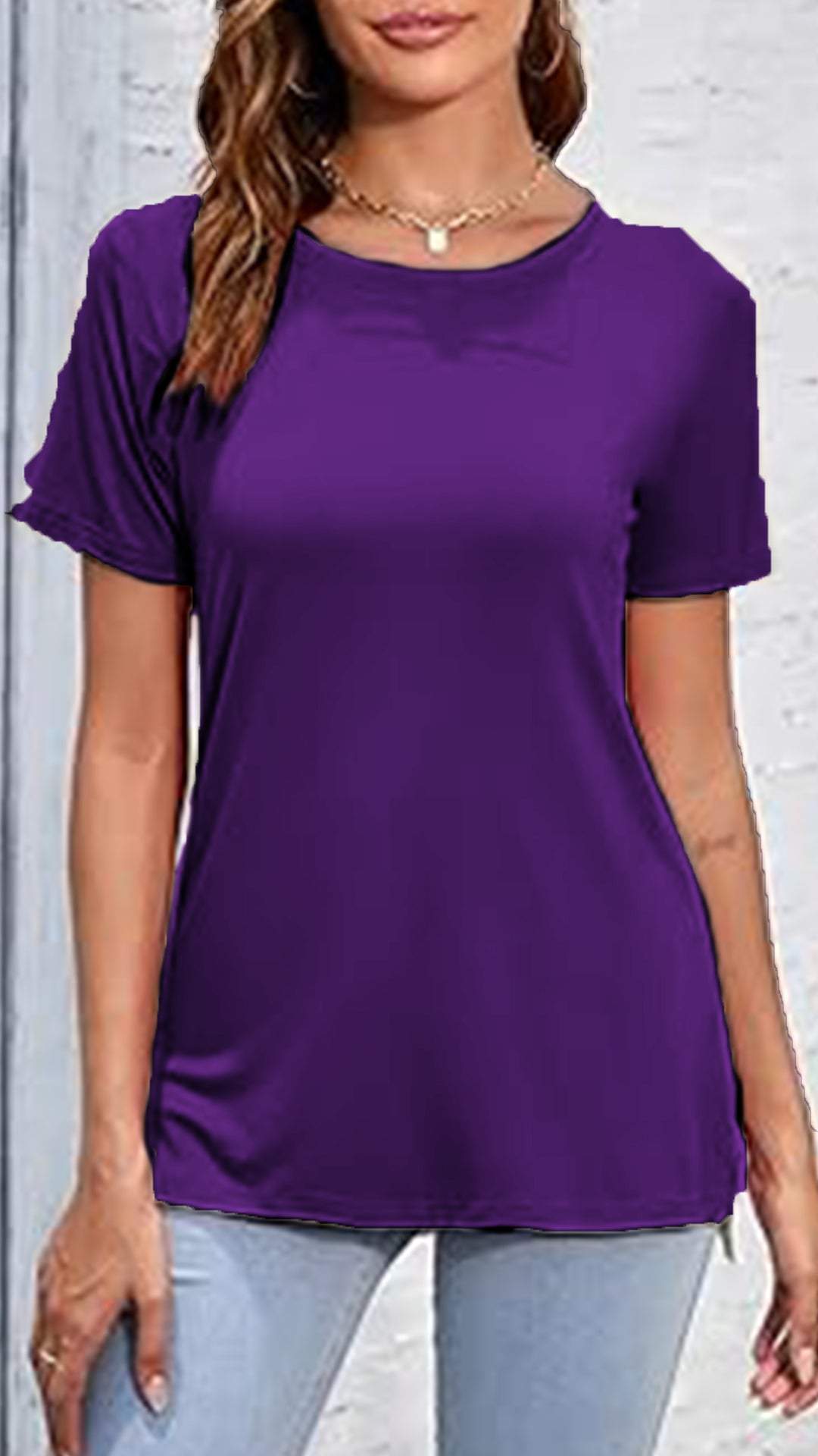 Round Neck Casual Solid Color Top short-sleeves purple