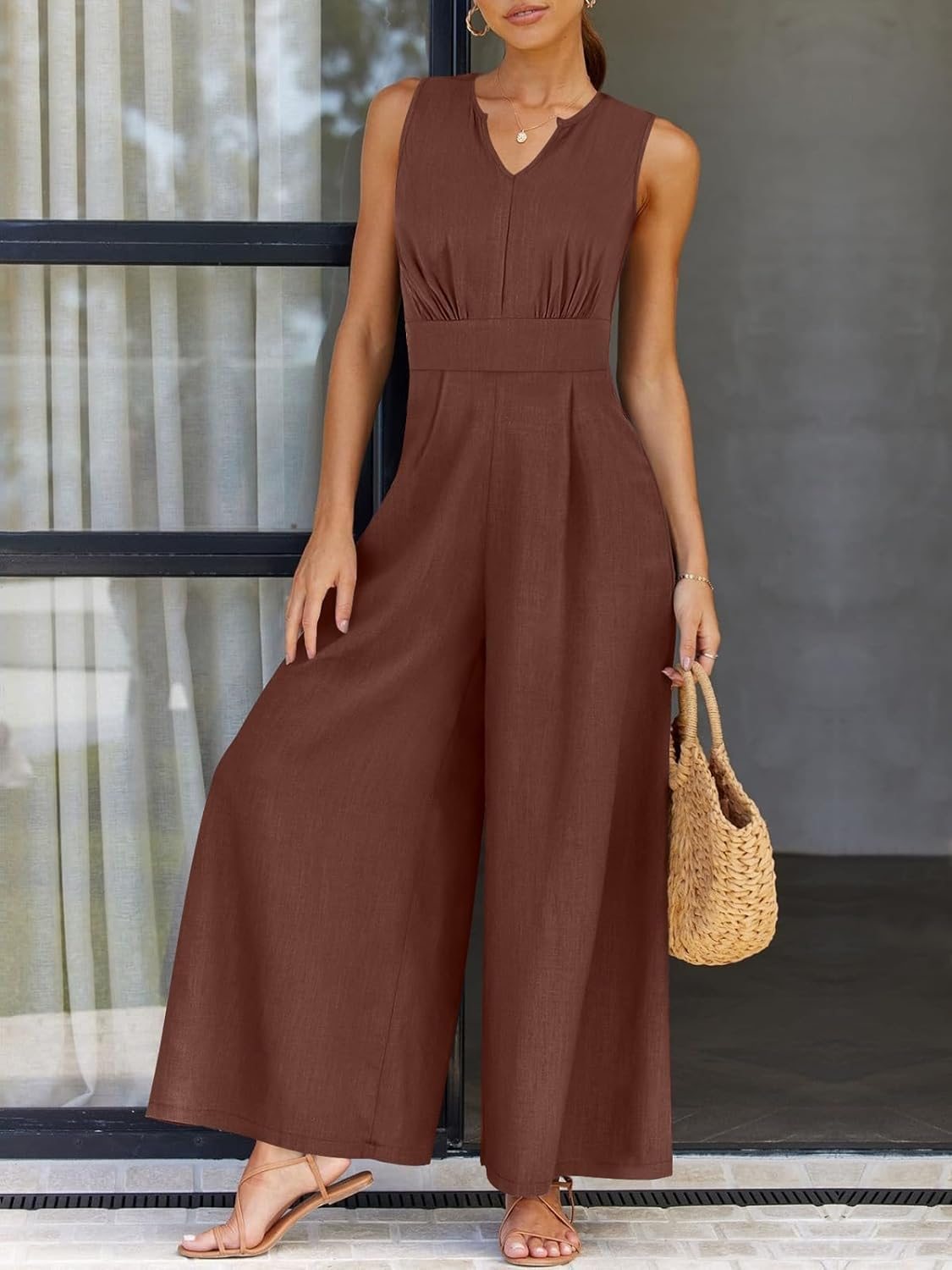 Casual V-neck Sleeveless Jumpsuit dark brown