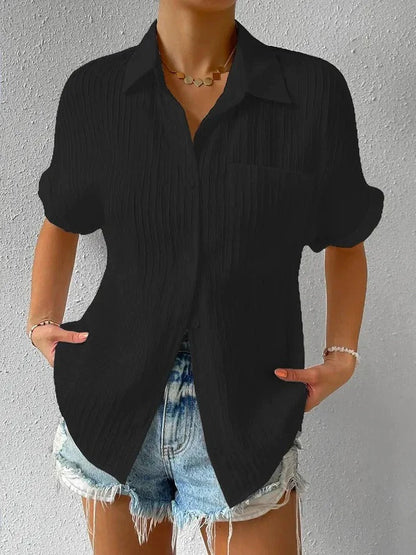 Shirt Collar Casual Buttoned Loose Blouse Black