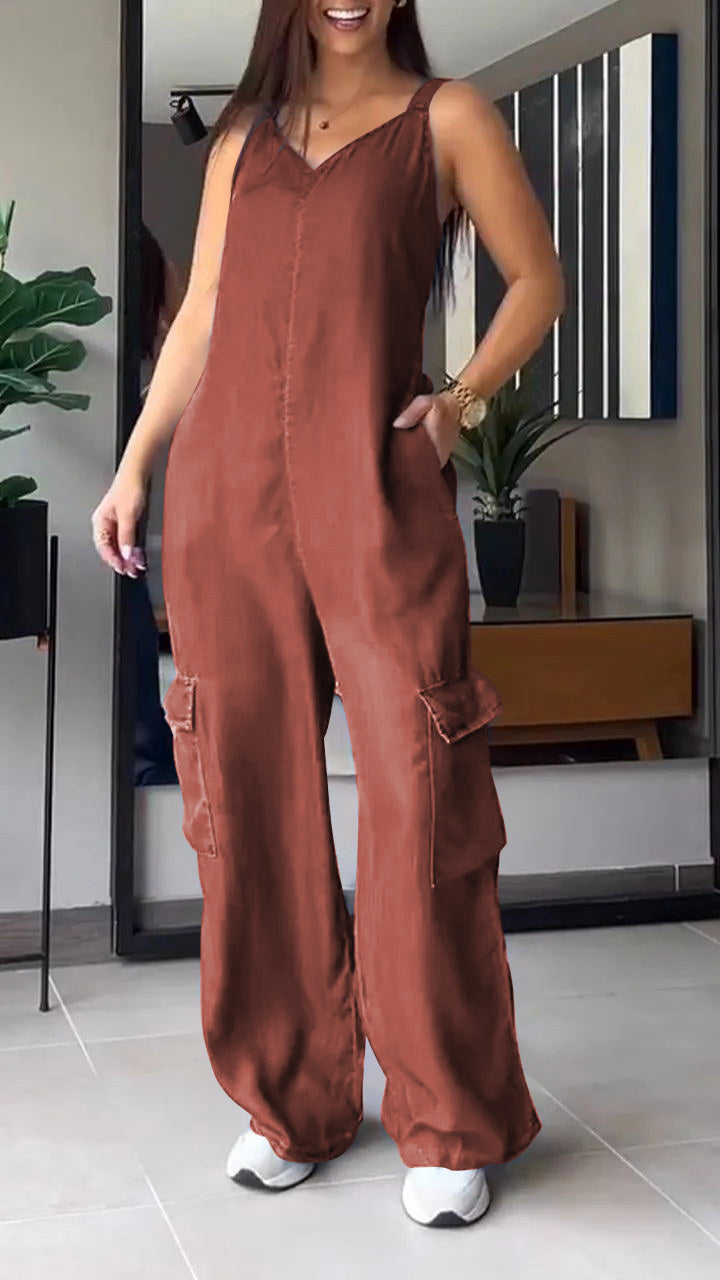 Thin Denim Cargo Pocket V-neck Jumpsuit brick red