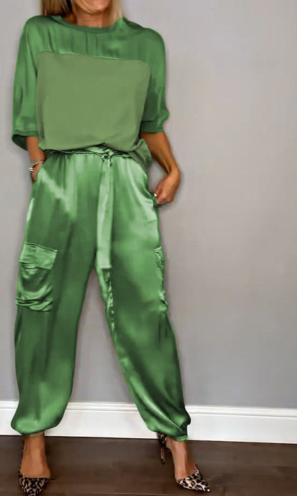 Women's Smooth Satin Half-sleeved Top and Pant Suit Two-piece Green Round neck set