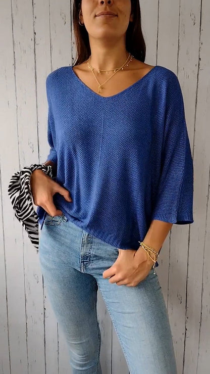 Knitted Mid-sleeve Casual Top blue