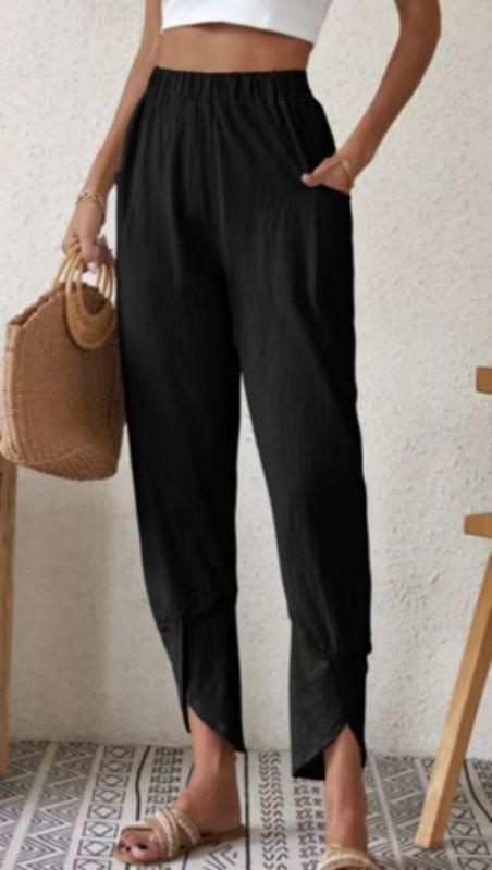 Solid color casual leg pants loose pocket cotton and linen leg pants Black