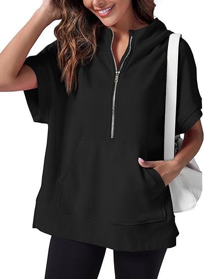 Women's Hooded Short-sleeved Half-zip Top