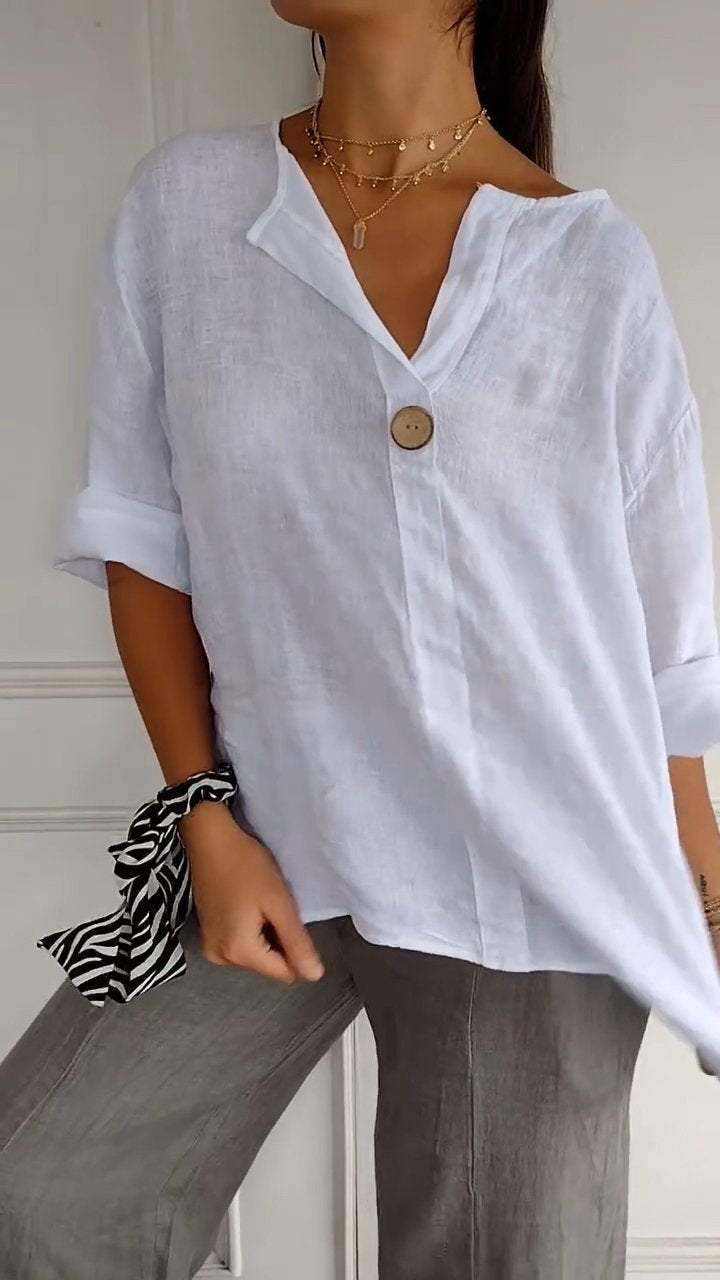 V-neck Mid-sleeve Cotton and Linen Top